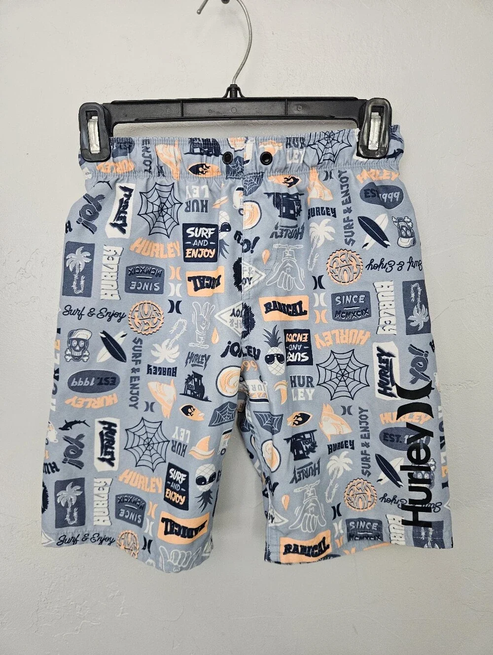 Hurley Light Blue Orange Graphic Surf Print Swim Trunks Boys Medium Swimming